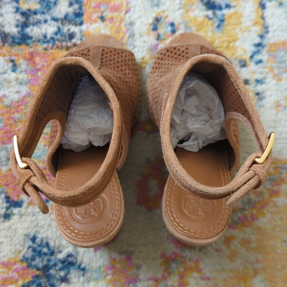 Tory Burch Jessie Perforated Suede Leather Peep Toe High Heel Booties Brown 6.5 - Picture 4 of 16